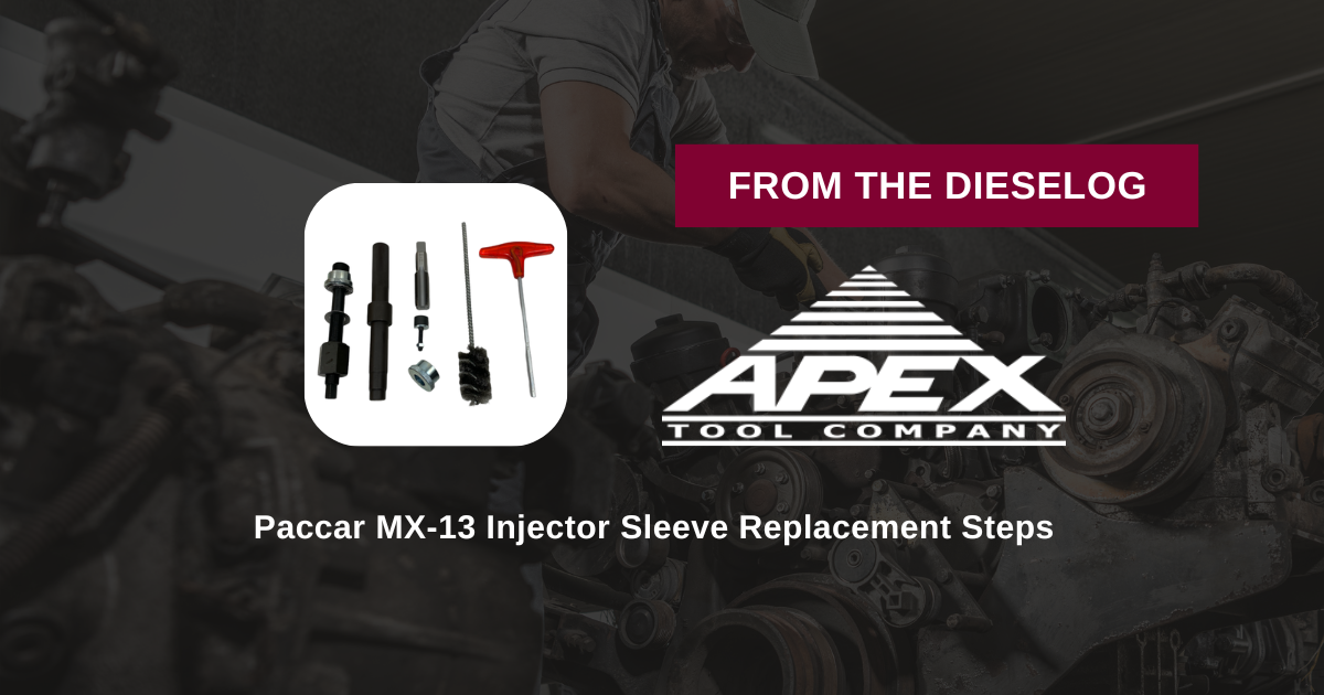 Step-by-step close up layout of heavy-duty Paccar MX-13 injector sleeve remover and installer tool resting on a cylinder head